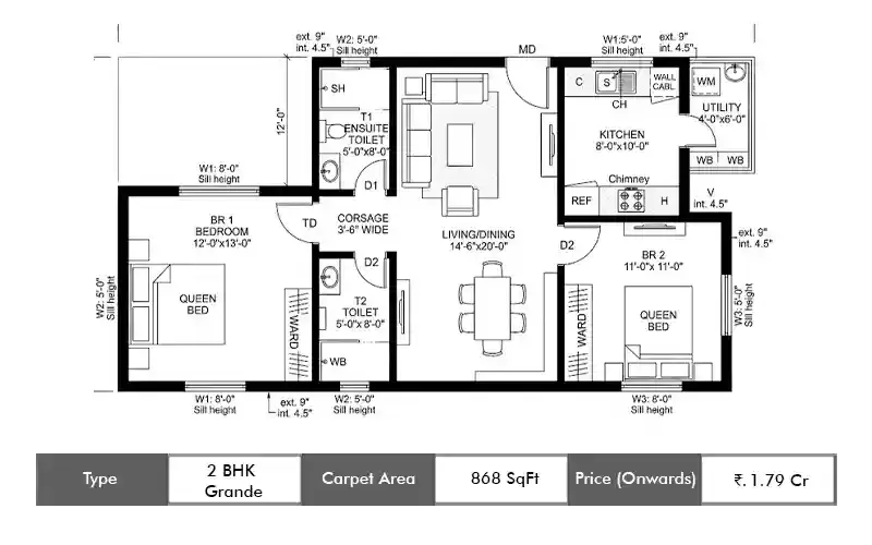 Neelkanth Palms 2BHK Grande floor plan, 868 sq ft carpet area